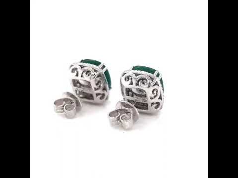 Natural Green Emerald Cushion Cut and Diamond Convertible Halo Earrings, in White Gold