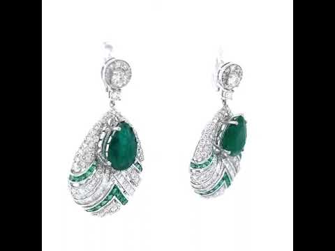 Natural Pear Shaped Green Emerald and Diamond Halo Earrings, in White Gold
