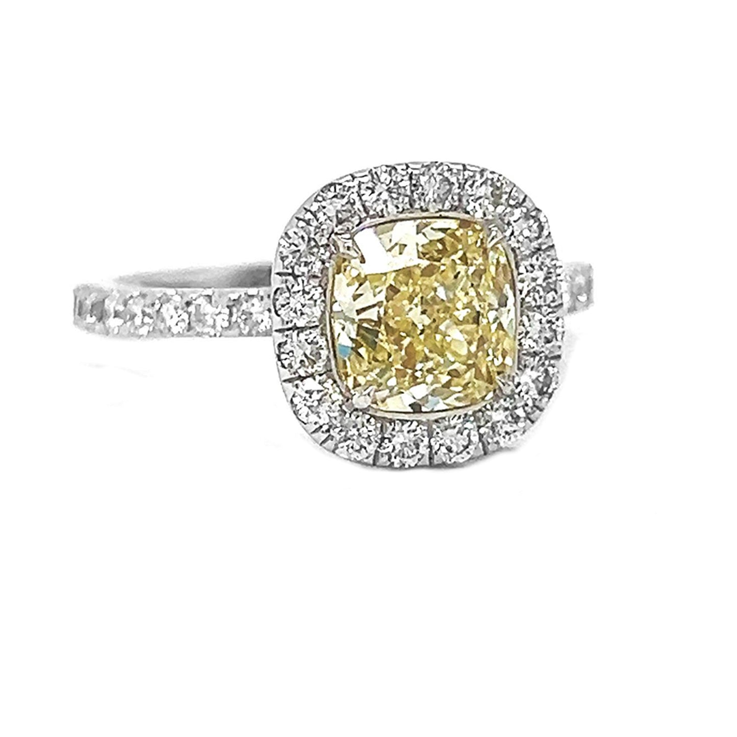Natural Cushion Cut Fancy Yellow Diamond Halo Ring, in White Gold
