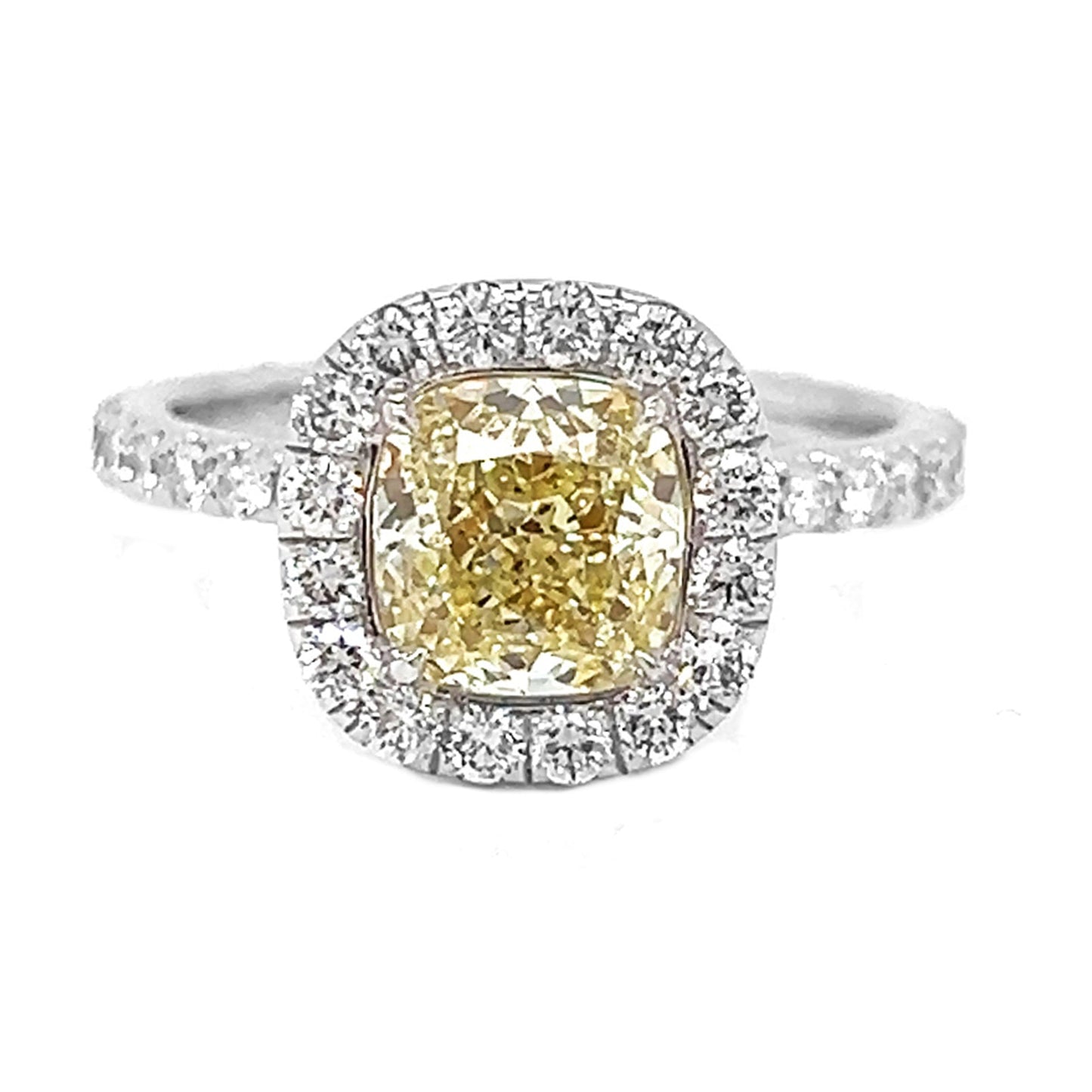 Natural Cushion Cut Fancy Yellow Diamond Halo Ring, in White Gold