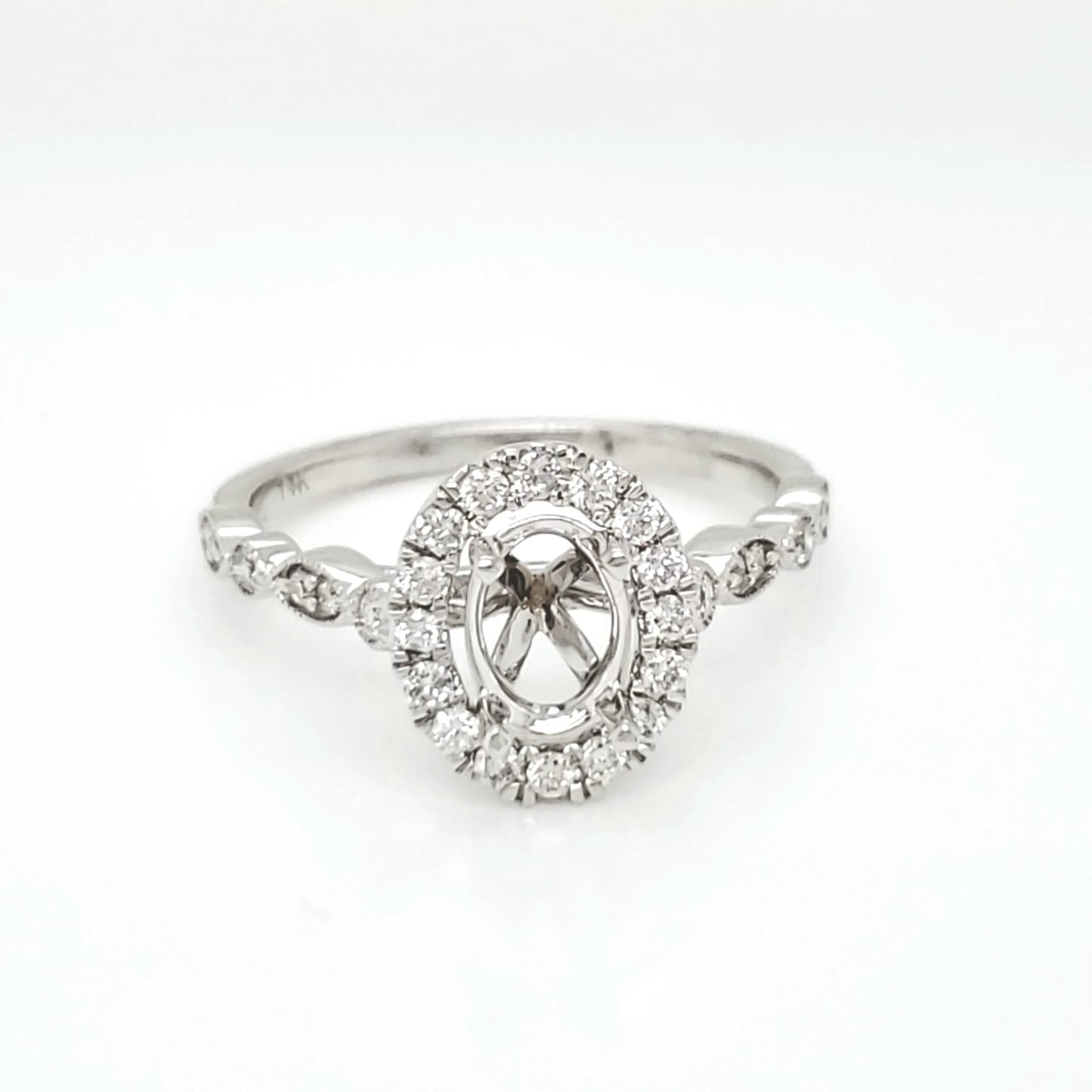 Semi-Mount Fits 7 x 5 mm with Natural Round Diamond Halo Ring, in White Gold