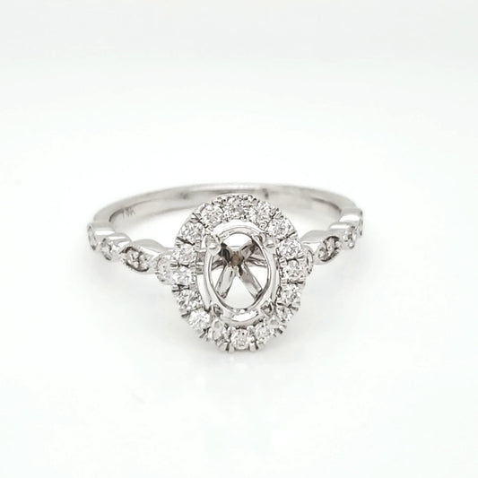 Semi-Mount Fits 7 x 5 mm with Natural Round Diamond Halo Ring, in White Gold