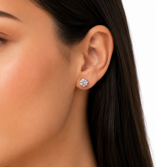 Close-up of an ear wearing a diamond earring with a blurred background